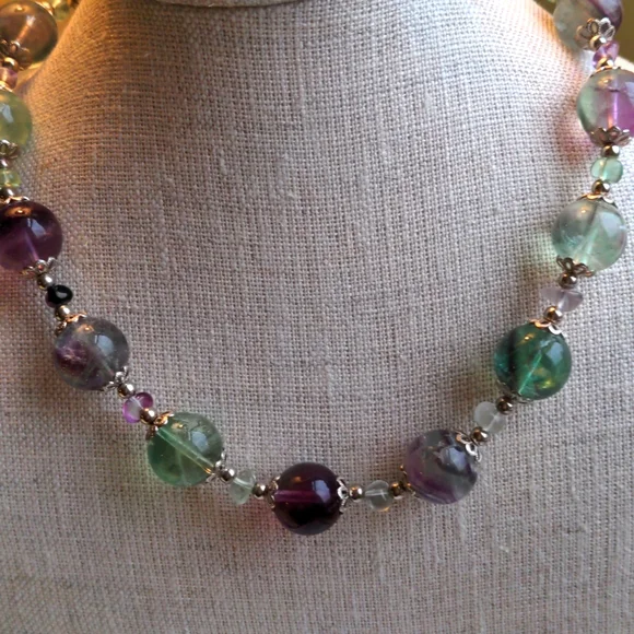 Fluorite Necklace. New, Handcrafted. Multi color genuine gemstone , silver, Box - Picture 1 of 8